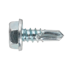 The Sealey Self-Drilling Screw 4.8 x 13mm Hex Head Zinc, available in a pack of 100 (SDHX4813), features a hex head, zinc plating, and a shiny metallic finish with a pointed end, making it ideal for fastening materials such as metal or wood.