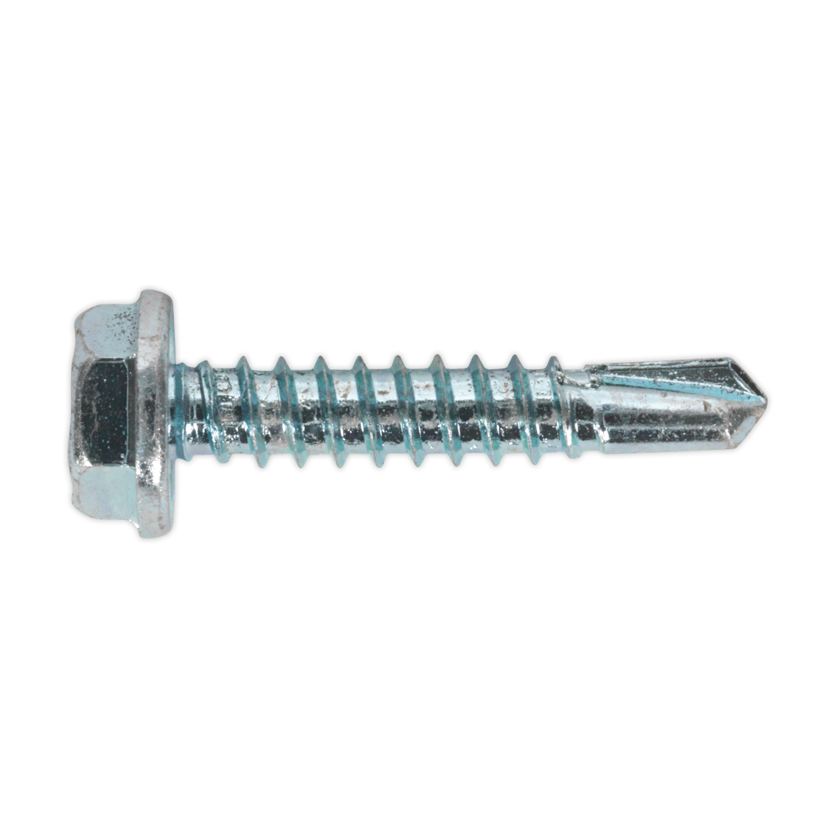 A close-up image of a Sealey Self-Drilling Screw (4.8 x 25mm) Hex Head Zinc Pack of 100 - SDHX4825, conforming to DIN 7504K, with a sharp pointed tip.