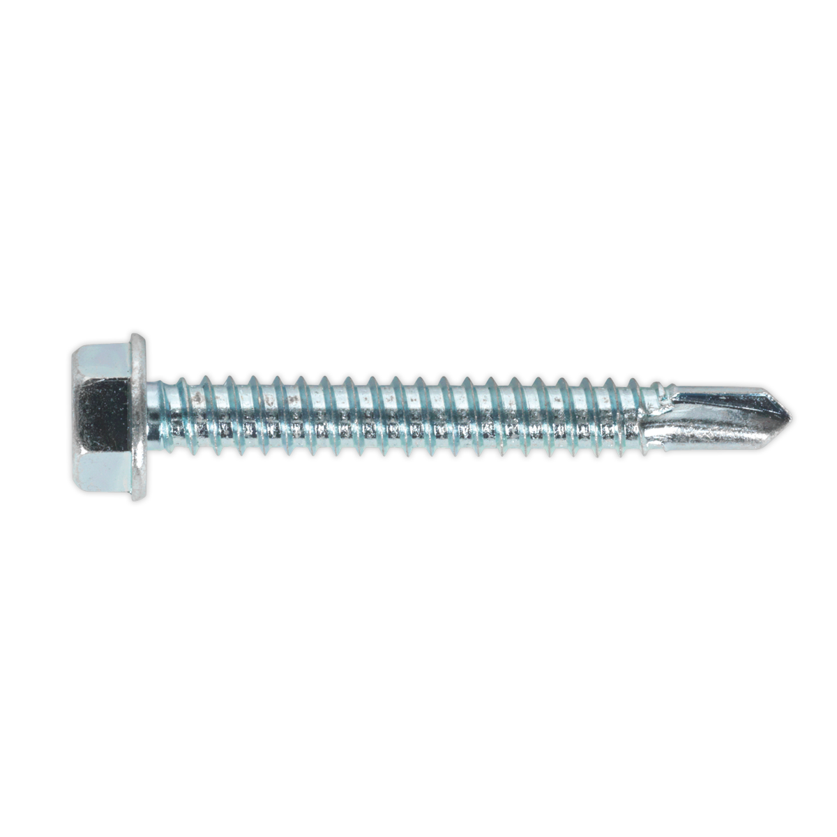 A close-up image of a Sealey Self-Drilling Screw 6.3 x 50mm (SDHX6350) hex head with a pointed tip and threaded body, zinc plated for extra durability, available in a pack of 100.