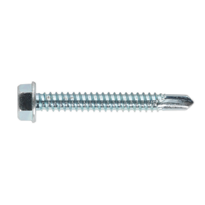 A close-up image of a Sealey Self-Drilling Screw 6.3 x 50mm (SDHX6350) hex head with a pointed tip and threaded body, zinc plated for extra durability, available in a pack of 100.