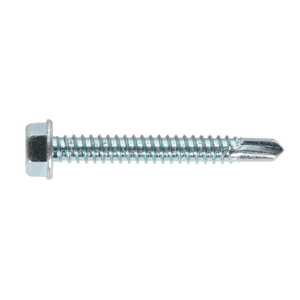 A close-up image of a Sealey Self-Drilling Screw 6.3 x 50mm (SDHX6350) hex head with a pointed tip and threaded body, zinc plated for extra durability, available in a pack of 100.