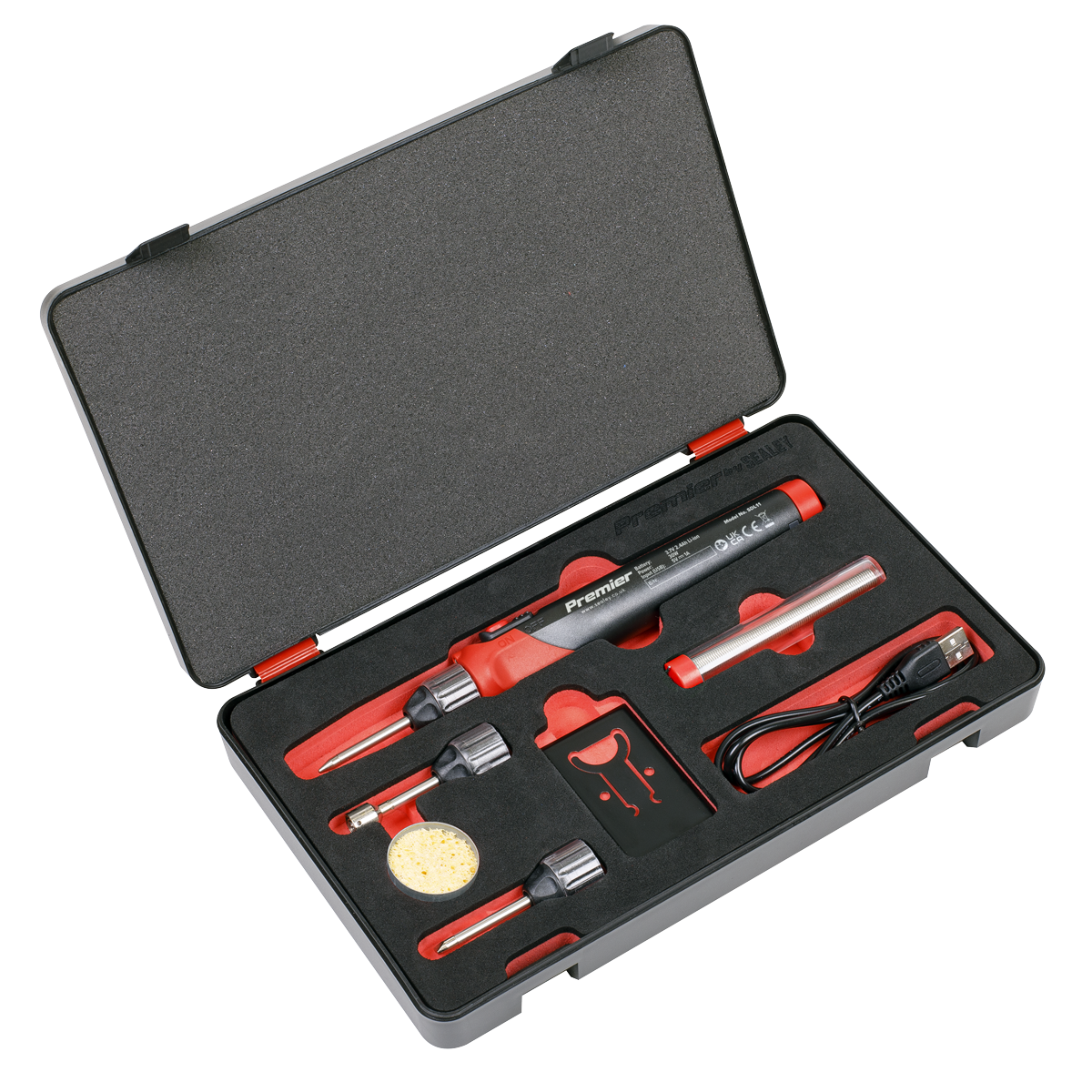 The Sealey Rechargeable Soldering Iron Kit 30W - SDL11 comes in a black case with red trim and includes a precision cordless lithium-ion battery soldering iron, various tips, a sponge, stand, USB charging cable, and additional accessories.