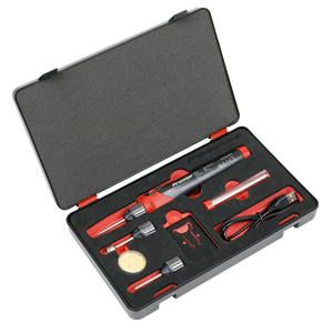 The Sealey Rechargeable Soldering Iron Kit 30W - SDL11 comes in a black case with red trim and includes a precision cordless lithium-ion battery soldering iron, various tips, a sponge, stand, USB charging cable, and additional accessories.