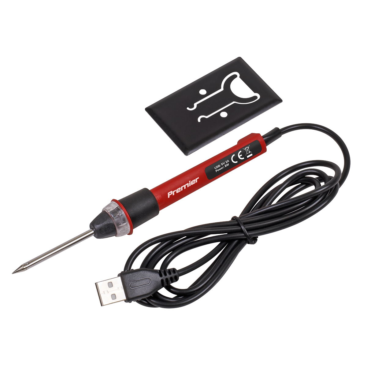 The USB Soldering Iron 8W - SDL12 by Sealey, with a red body and black handle, is perfect for hobbyists soldering or welding circuit boards. It features a long power cord ending in a USB plug and includes a black stand, making it ideal for enthusiasts using Premier Hand Tools.