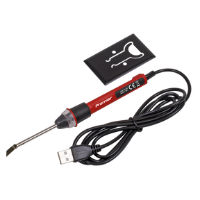 The Sealey USB 3D Print Finishing Tool/Plastic Welder 8W - SDL13 features a red and black handle, a black power cable with a USB connector, and a portable design complete with a small black and white carrying case. It heats up quickly, making it ideal for efficient, on-the-go repairs.