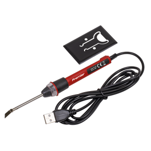 The Sealey USB 3D Print Finishing Tool/Plastic Welder 8W - SDL13 features a red and black handle, a black power cable with a USB connector, and a portable design complete with a small black and white carrying case. It heats up quickly, making it ideal for efficient, on-the-go repairs.