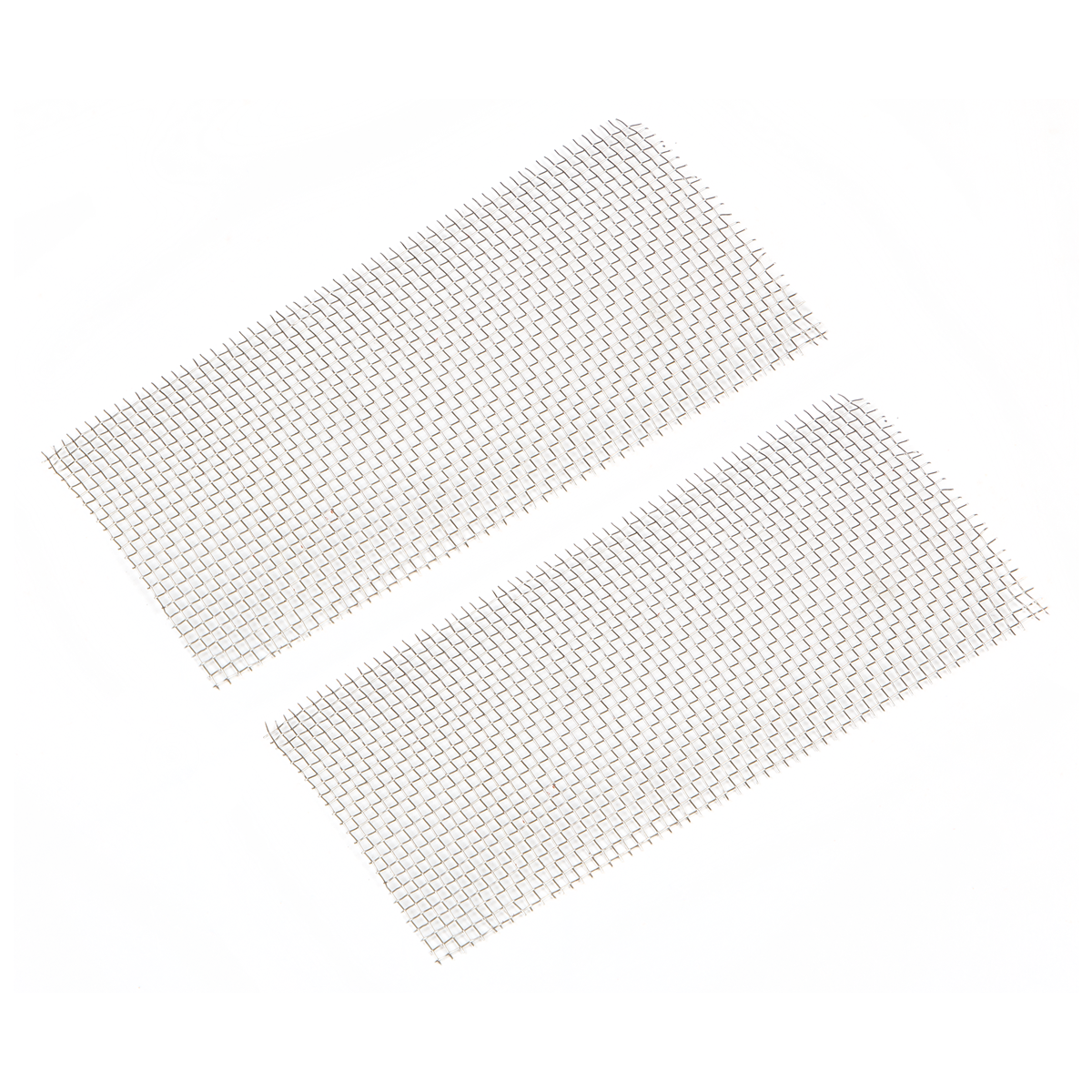 Two Sealey Stainless Steel Wire Mesh sheets (Pack of 2 - SDL14.M) with evenly spaced square openings, placed side by side on a white background, are suitable for plastic repair.