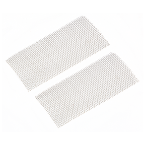 Two Sealey Stainless Steel Wire Mesh sheets (Pack of 2 - SDL14.M) with evenly spaced square openings, placed side by side on a white background, are suitable for plastic repair.