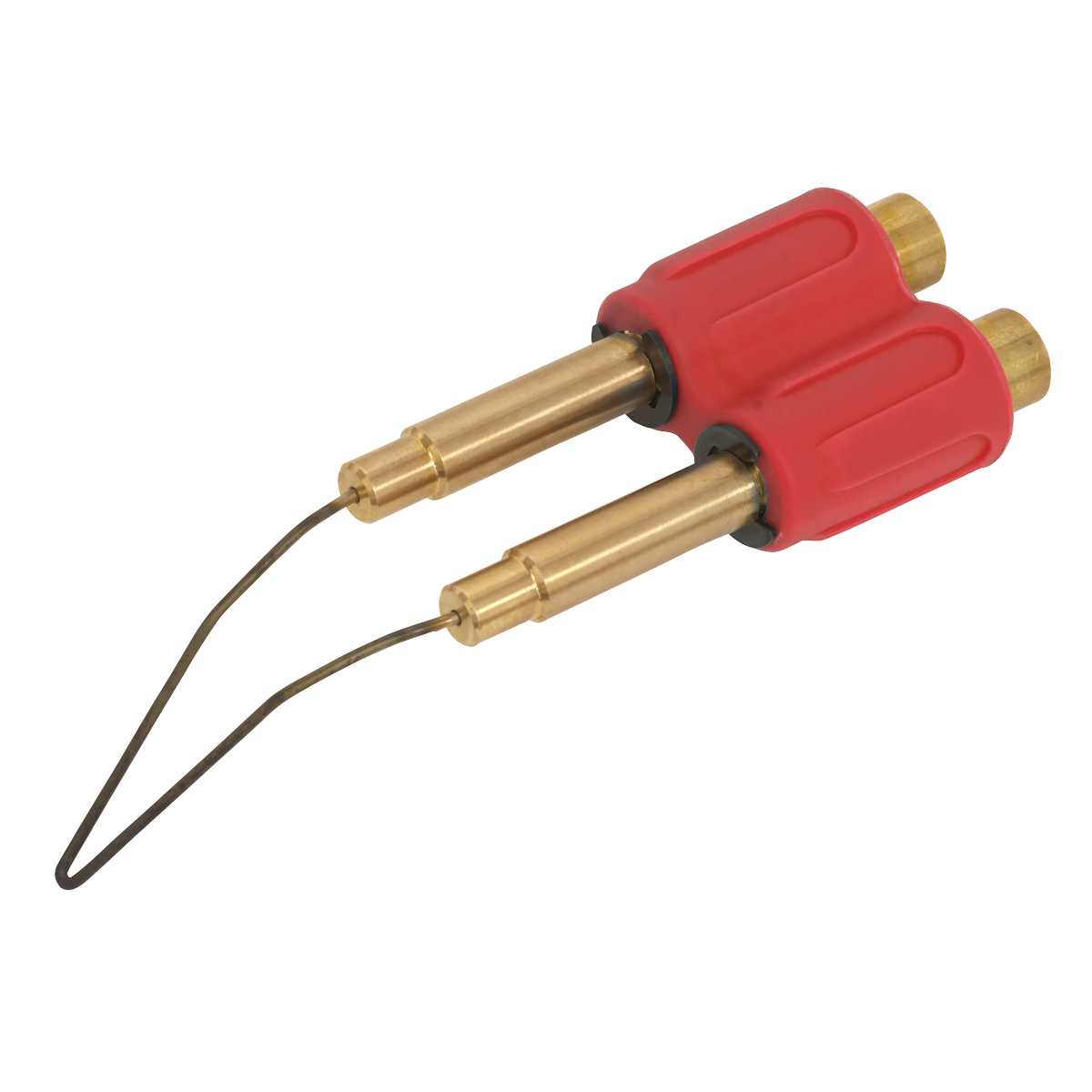 Two Sealey SDL15 Soldering Iron Tips - SDL15.01, made of brass with red plastic handles connected at the base, featuring thin metal loops extending from each tip, perfect for use as soldering accessories.