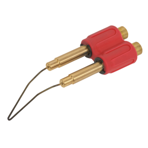 Two Sealey SDL15 Soldering Iron Tips - SDL15.01, made of brass with red plastic handles connected at the base, featuring thin metal loops extending from each tip, perfect for use as soldering accessories.