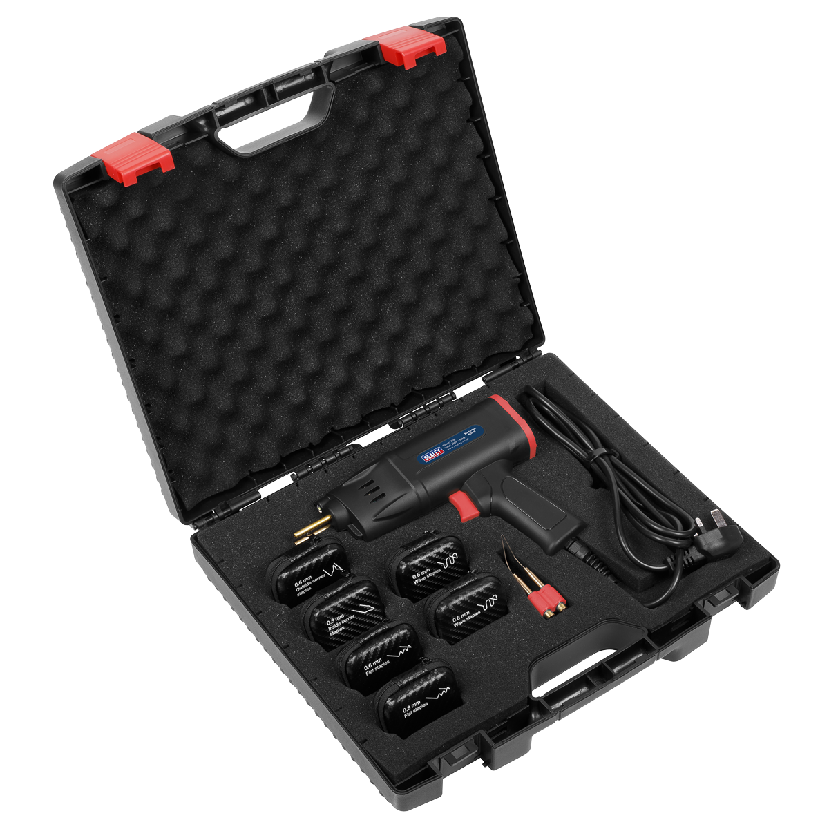 The Sealey Plastic Welding Repair Kit 75W - SDL15 comes in a black carrying case, which features foam cutouts that neatly arrange the included pistol grip design heat gun, five nozzle attachments, power cord, and metal scraper tool. Ideal for plastic repair projects, this case is equipped with a handle and red latches for secure transport.