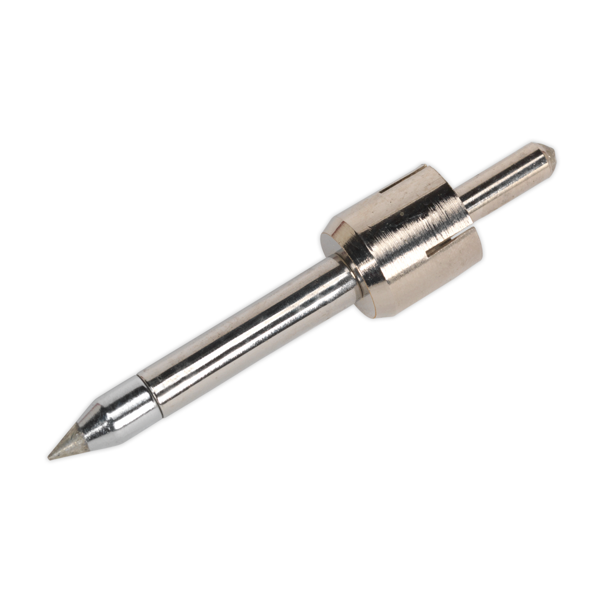 A close-up image of the Conical Soldering Tip for SDL6 - SDL6.CT by Sealey, resembling a metallic precision needle, featuring a pointed tip and cylindrical grip, ideal for professional use.