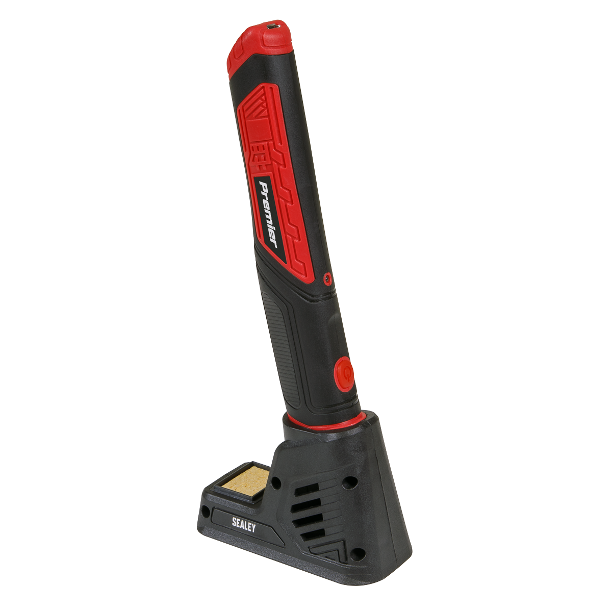 A Sealey Soldering Iron Rechargeable 8W - SDL7, featuring a black and red handheld design, is positioned upright on a white background, making it ideal for automotive soldering tasks.