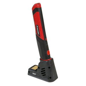 A Sealey Soldering Iron Rechargeable 8W - SDL7, featuring a black and red handheld design, is positioned upright on a white background, making it ideal for automotive soldering tasks.