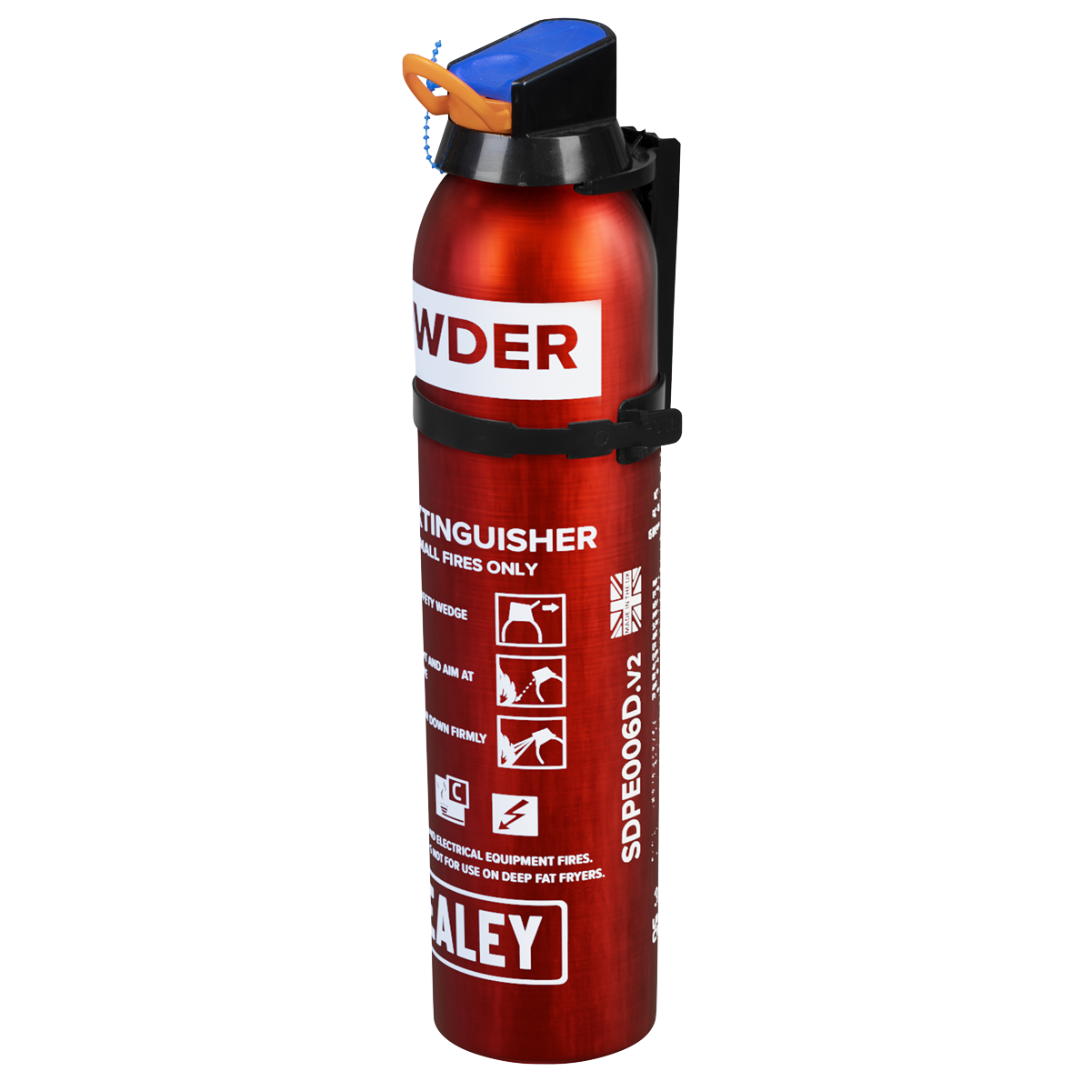 A compact 0.6kg red powder fire extinguisher, model SDPE006D by Sealey, featuring a blue safety pin and various labels, including usage instructions for B and C class fires.