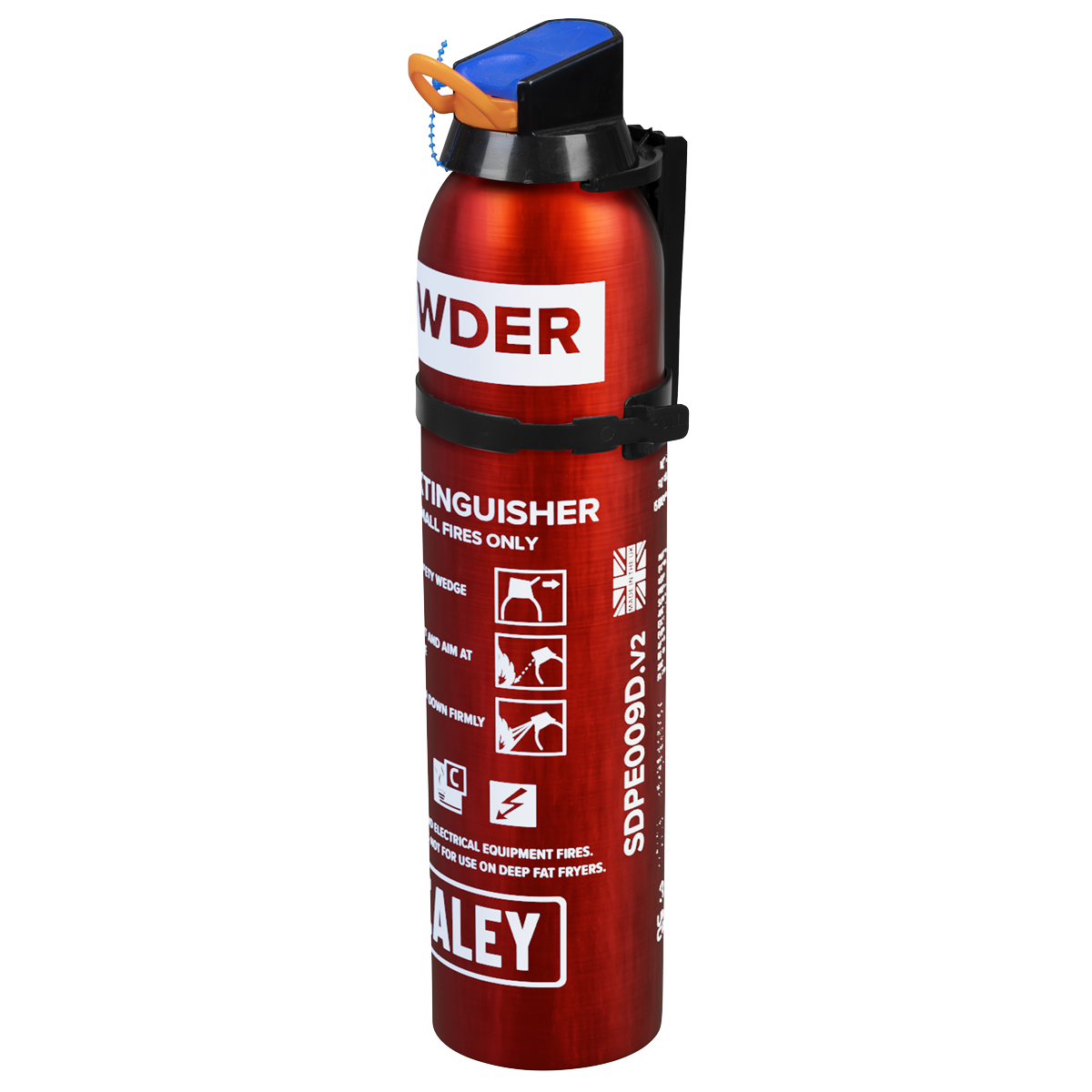 The Sealey Fire Extinguisher 0.95kg Dry Powder - Disposable (SDPE009D) is a red unit equipped with a blue safety pin, designed for use on B and C class fires, including electrical fires and flammable liquids.