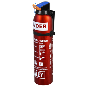 The Sealey Fire Extinguisher 0.95kg Dry Powder - Disposable (SDPE009D) is a red unit equipped with a blue safety pin, designed for use on B and C class fires, including electrical fires and flammable liquids.