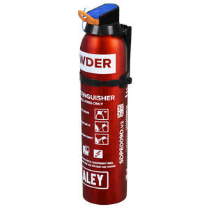 The Sealey Fire Extinguisher 0.95kg Dry Powder - Disposable (SDPE009D) is a red unit equipped with a blue safety pin, designed for use on B and C class fires, including electrical fires and flammable liquids.