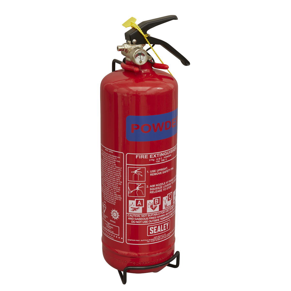 A Sealey Fire Extinguisher 2kg Dry Powder - SDPE02, ideal for Class A B C fires, featuring safety instructions and branding details in white text, mounted on a black stand.