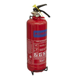 A Sealey Fire Extinguisher 2kg Dry Powder - SDPE02, ideal for Class A B C fires, featuring safety instructions and branding details in white text, mounted on a black stand.