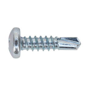 A close-up image of the Sealey Self-Drilling Screw 4.8 x 19mm Pan Head Phillips Zinc Pack of 100 - SDPH4819 showcases its flat, round pan head and threaded shaft ending in a pointed tip. The metallic screw is zinc plated, giving it a sleek finish.