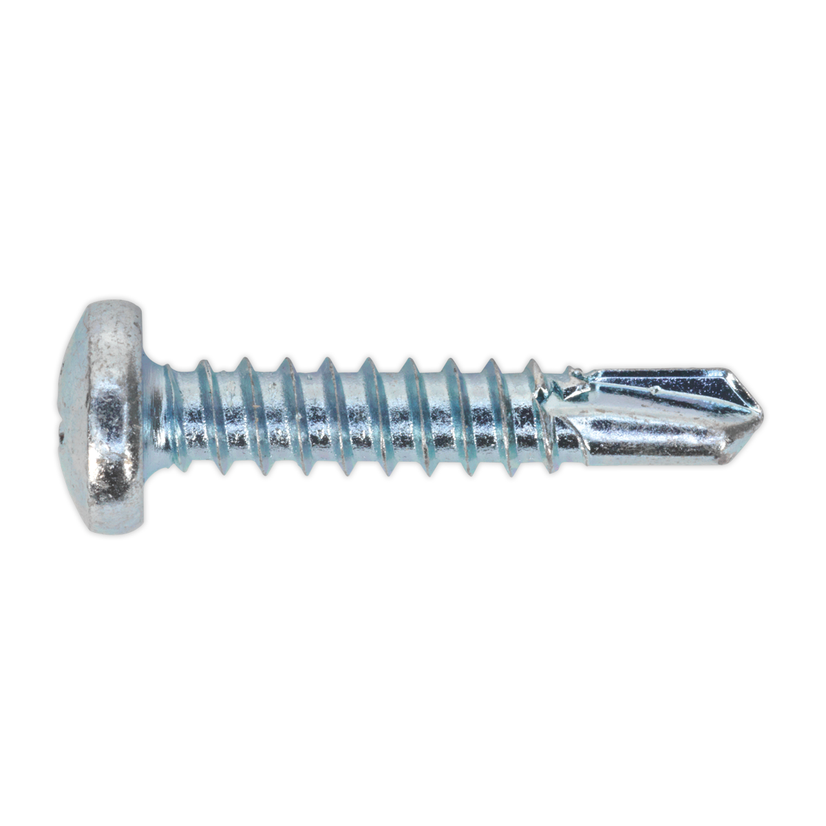 A close-up image of the Sealey Self-Drilling Screw 4.8 x 25mm, featuring a pan head and drill tip, with a zinc-plated finish (Pack of 100 - SDPH4825).