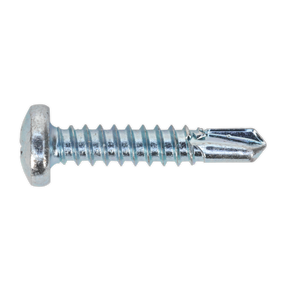 A close-up image of the Sealey Self-Drilling Screw 4.8 x 25mm, featuring a pan head and drill tip, with a zinc-plated finish (Pack of 100 - SDPH4825).