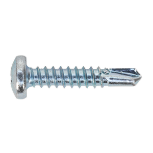 A close-up image of the Sealey Self-Drilling Screw 4.8 x 25mm, featuring a pan head and drill tip, with a zinc-plated finish (Pack of 100 - SDPH4825).