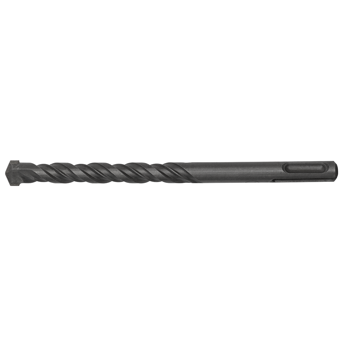 A fully hardened SDS Plus Drill Bit Ø12 x 160mm (SDS12X160) with a black metal finish, a spiral groove, and a hexagonal tip, from the Sealey brand.