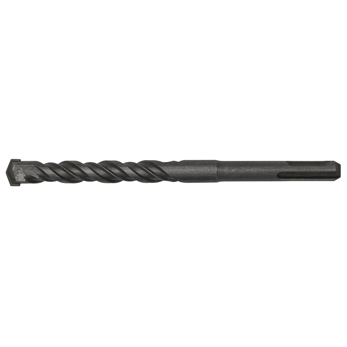 The Sealey SDS Plus Drill Bit Ø13 x 160mm - SDS13X160, featuring a black metal finish with a spiral design and hardened, ground surface, is shown against a white background.