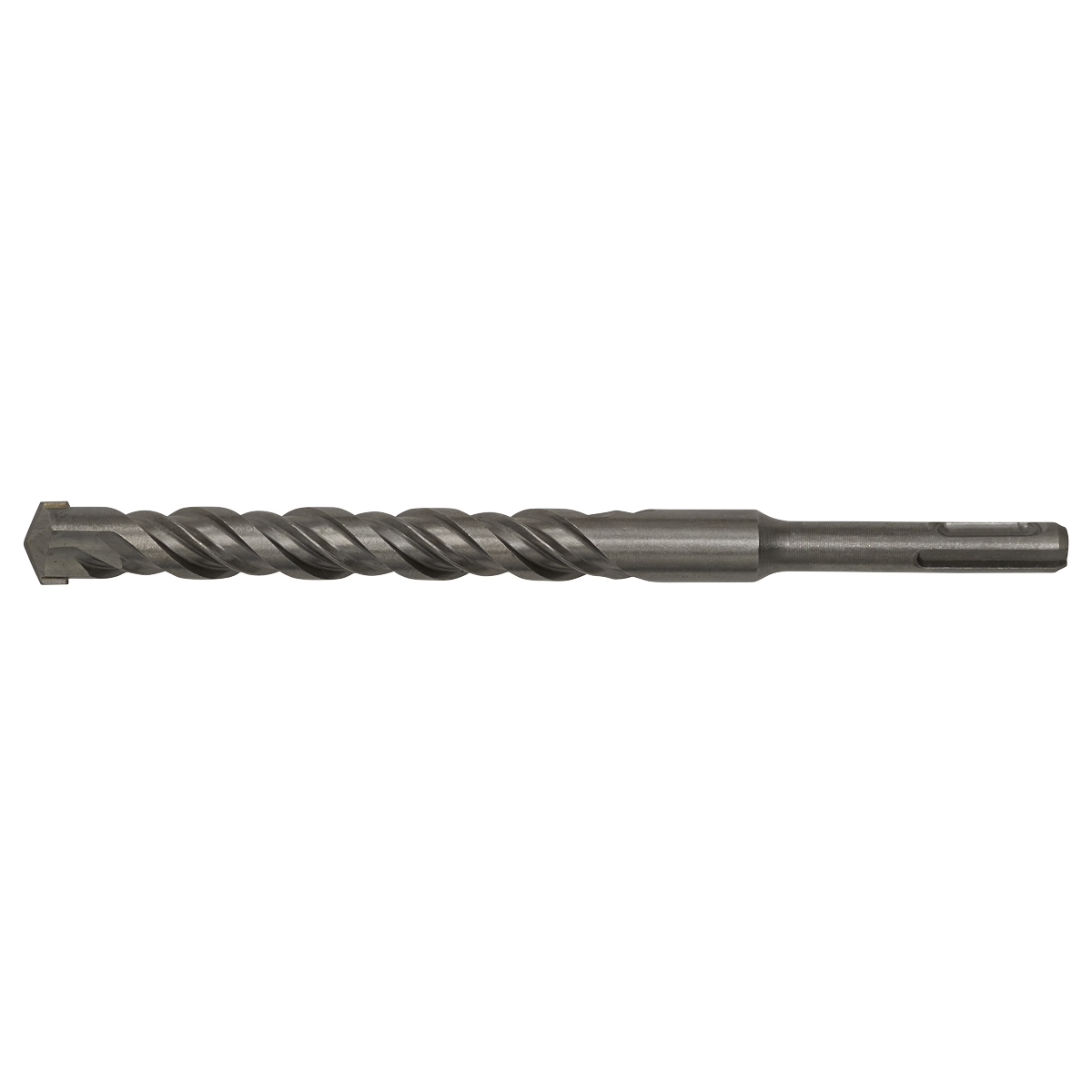 The Sealey SDS Plus Drill Bit Ø17 x 200mm - SDS17x200 is a long, metal drill bit featuring a helical flute design and a flat, chisel-like tip. It is fully hardened for superior quality and specifically designed for use in rotary hammer drills.