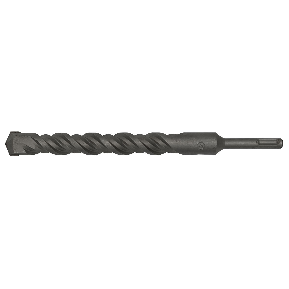 Introducing the Sealey SDS Plus Drill Bit Ø23 x 250mm - SDS23X250, a black, twisted drill bit with a pointed tip and cylindrical handle. Fully hardened and ground to precision, it is designed for securely attaching to a drill to effortlessly cut through various materials.