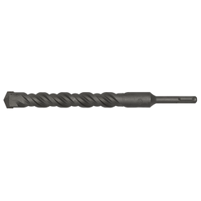 Introducing the Sealey SDS Plus Drill Bit Ø23 x 250mm - SDS23X250, a black, twisted drill bit with a pointed tip and cylindrical handle. Fully hardened and ground to precision, it is designed for securely attaching to a drill to effortlessly cut through various materials.