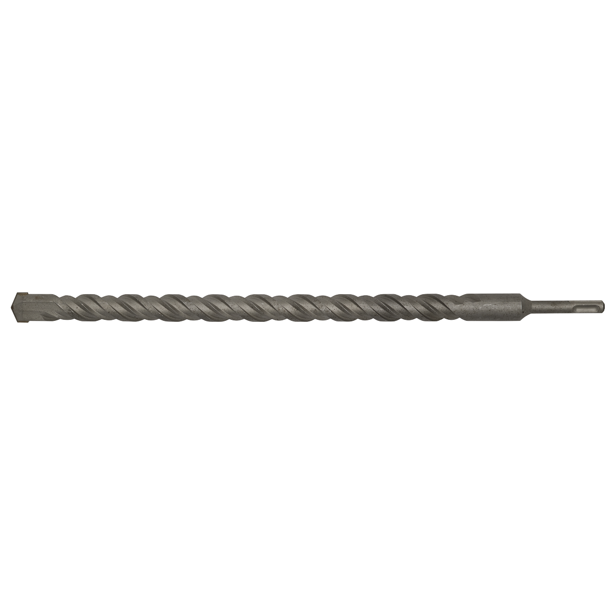 The Sealey SDS Plus Drill Bit Ø23 x 450mm - SDS23X450 is a fully hardened metal spiral drill bit with a pointed tip and a cylindrical base, designed for drilling into hard surfaces.