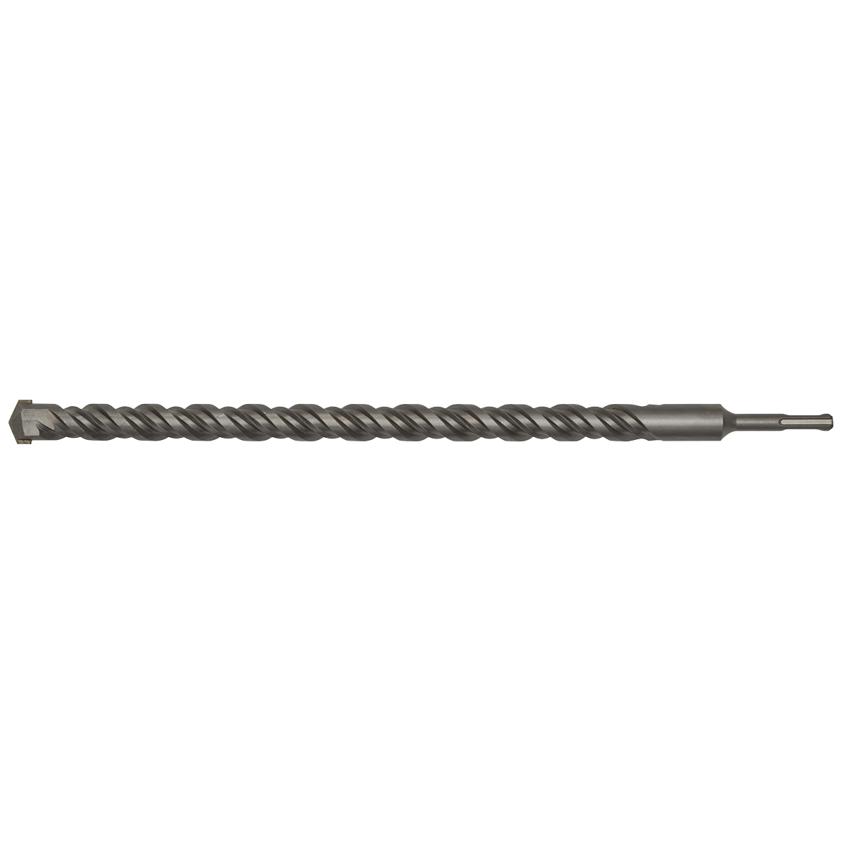 A long, metal SDS Plus Drill Bit Ø25 x 450mm - SDS25X450 by Sealey features a spiral design and a flat cutting tip, crafted from superior quality, fully hardened steel.