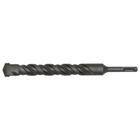 A close-up of a fully hardened SDS Plus Drill Bit Ø26 x 250mm - SDS26X250 by Sealey, featuring a black spiral design and a pointed tip, set against a white background.