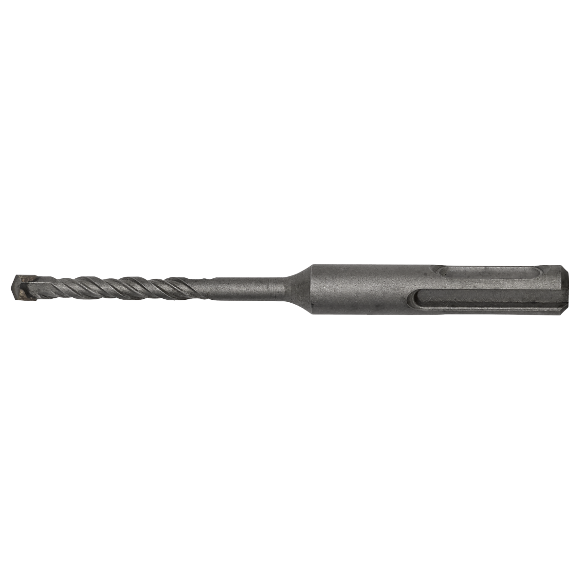 A close-up image of the superior quality Sealey SDS Plus Drill Bit Ø5.5 x 110mm - SDS5.5X110, featuring a cylindrical shank and a twisted, pointed end for drilling.