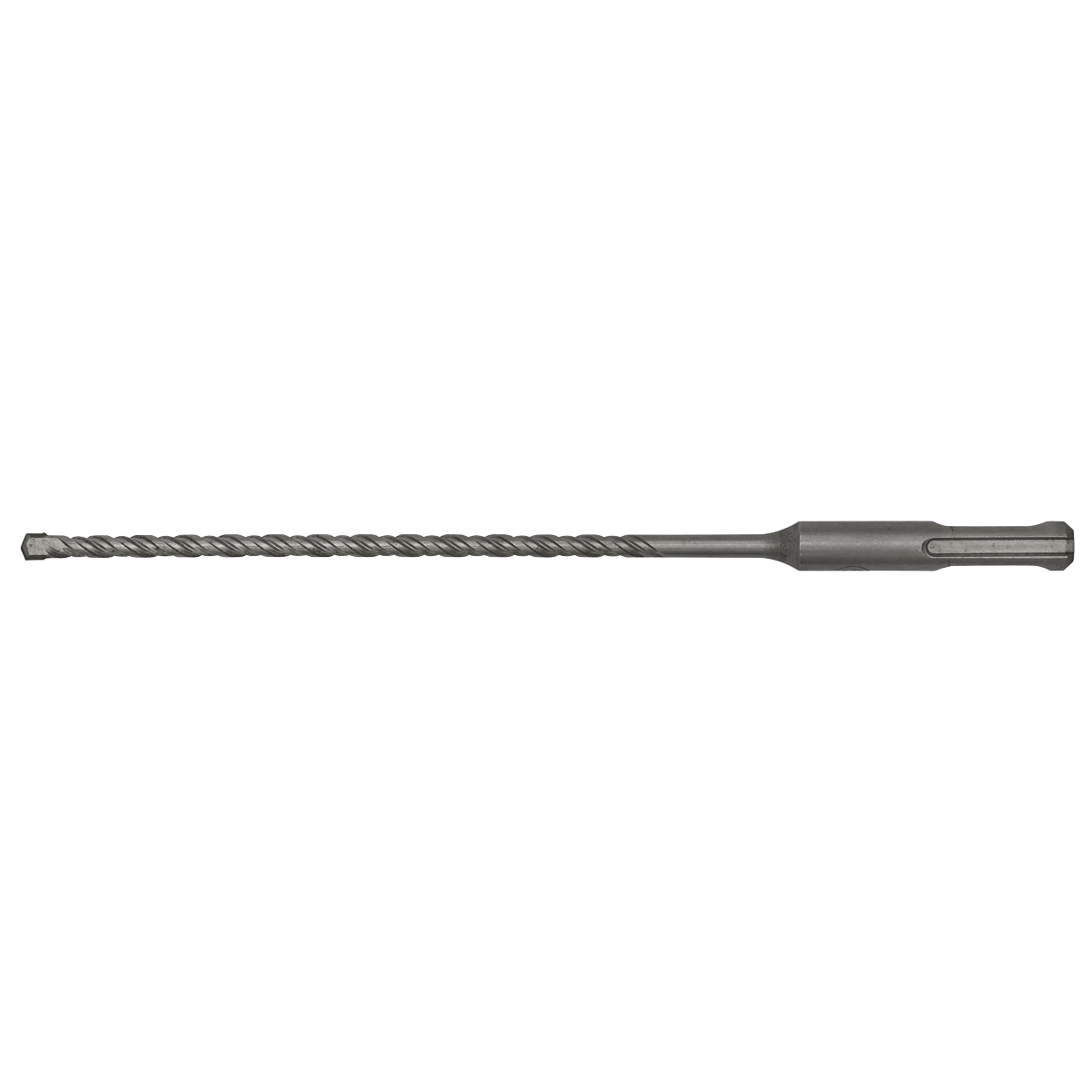 The Sealey SDS Plus Drill Bit Ø5.5 x 210mm - SDS5.5X210 is a long, thin metal drill bit featuring a spiraled shaft and a fluted tip, designed for precision drilling tasks. Crafted from superior quality material, it ensures exceptional durability.