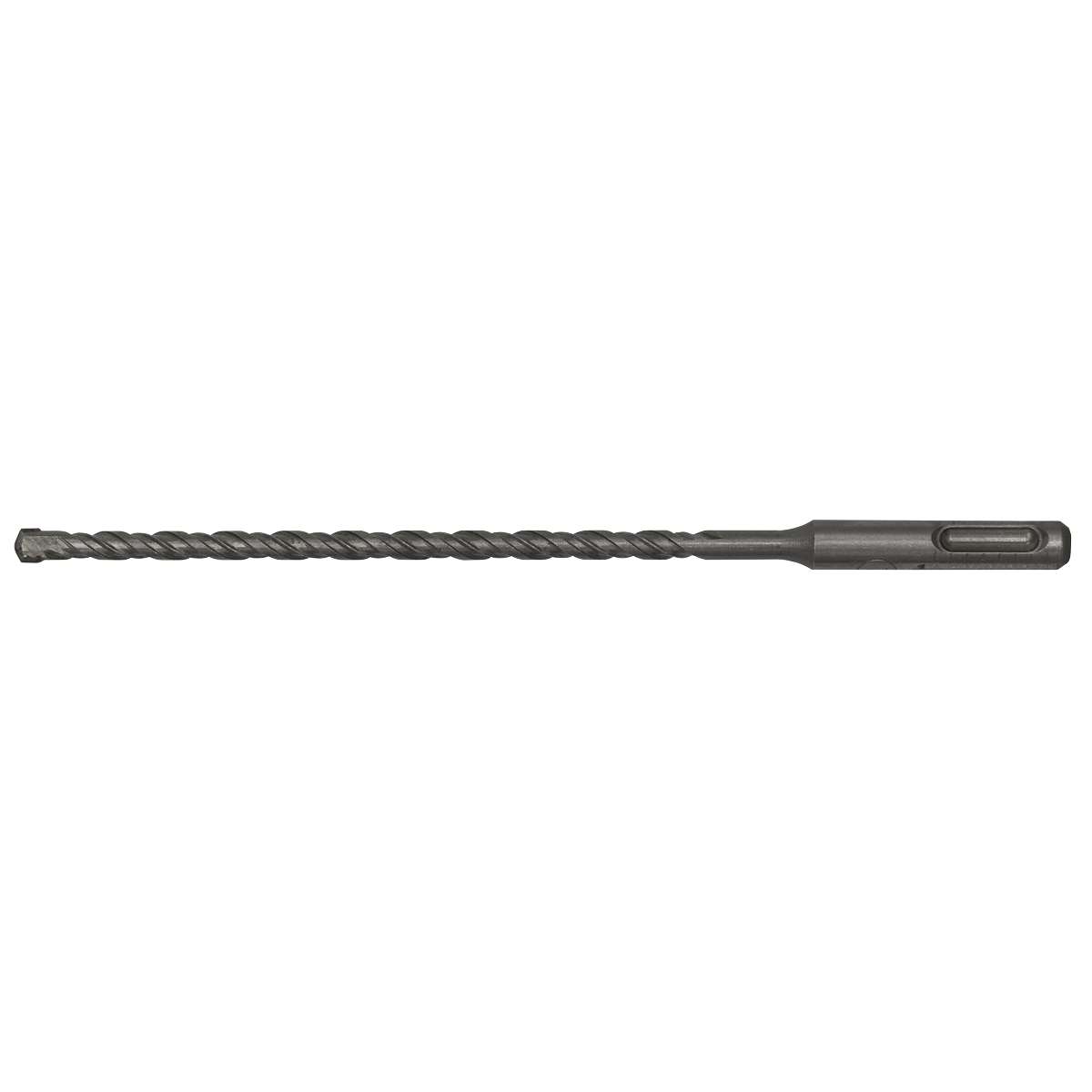 The Sealey SDS Plus Drill Bit Ø7 x 210mm - SDS7X210 is a long, narrow bit with a spiral design for cutting and features a fully hardened and ground specialized shank at one end.