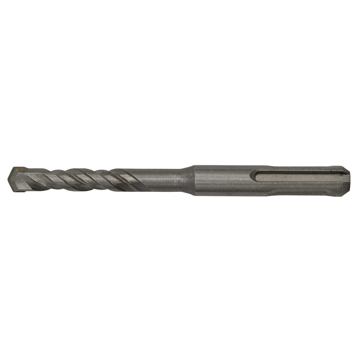 A detailed close-up of the Sealey SDS Plus Drill Bit Ø8 x 110mm - SDS8X110 reveals its fully hardened construction, spiral groove, and tapered point, specifically designed for superior quality drilling into various materials.