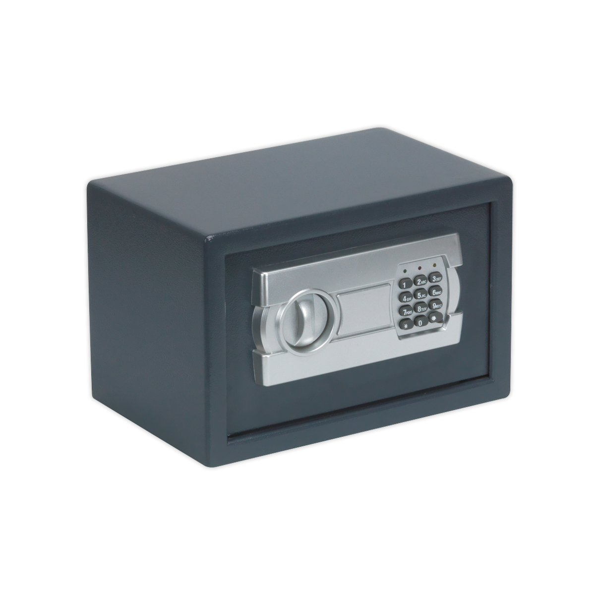 The Sealey Electronic Combination Security Safe SECS00, measuring 310 x 200 x 200mm, is a compact black safe with a robust construction, equipped with an electronic keypad and turn handle on the front.