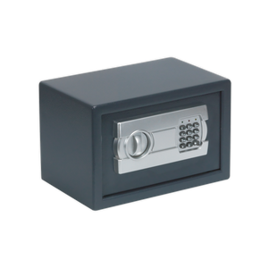 The Sealey Electronic Combination Security Safe SECS00, measuring 310 x 200 x 200mm, is a compact black safe with a robust construction, equipped with an electronic keypad and turn handle on the front.