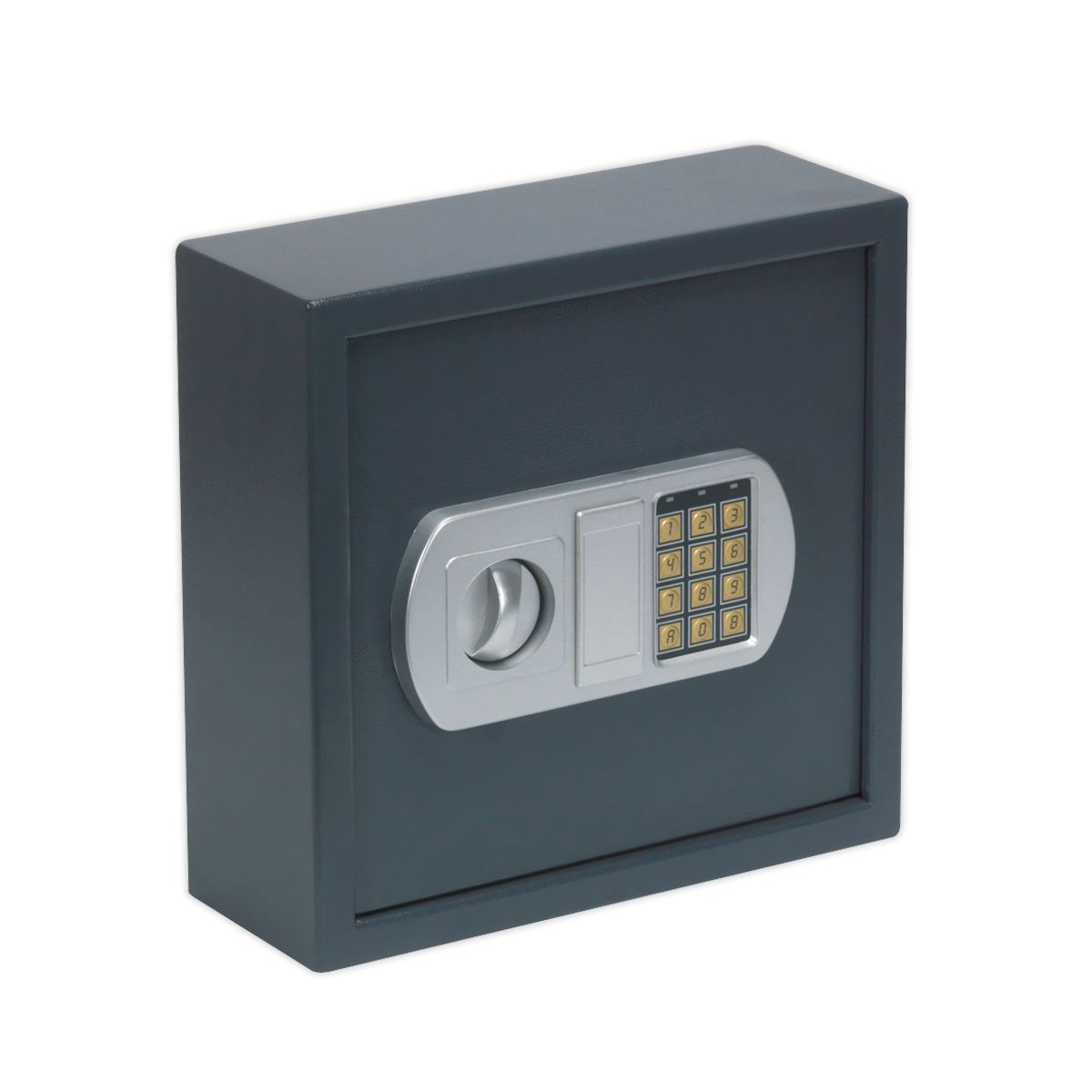 The Sealey Electronic Key Cabinet 25 Key Capacity - SEKC25 is a compact black safe with robust heavy-duty construction, featuring a stylish electronic keypad and a rotating handle on the front.