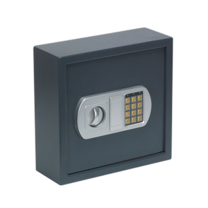 The Sealey Electronic Key Cabinet 25 Key Capacity - SEKC25 is a compact black safe with robust heavy-duty construction, featuring a stylish electronic keypad and a rotating handle on the front.