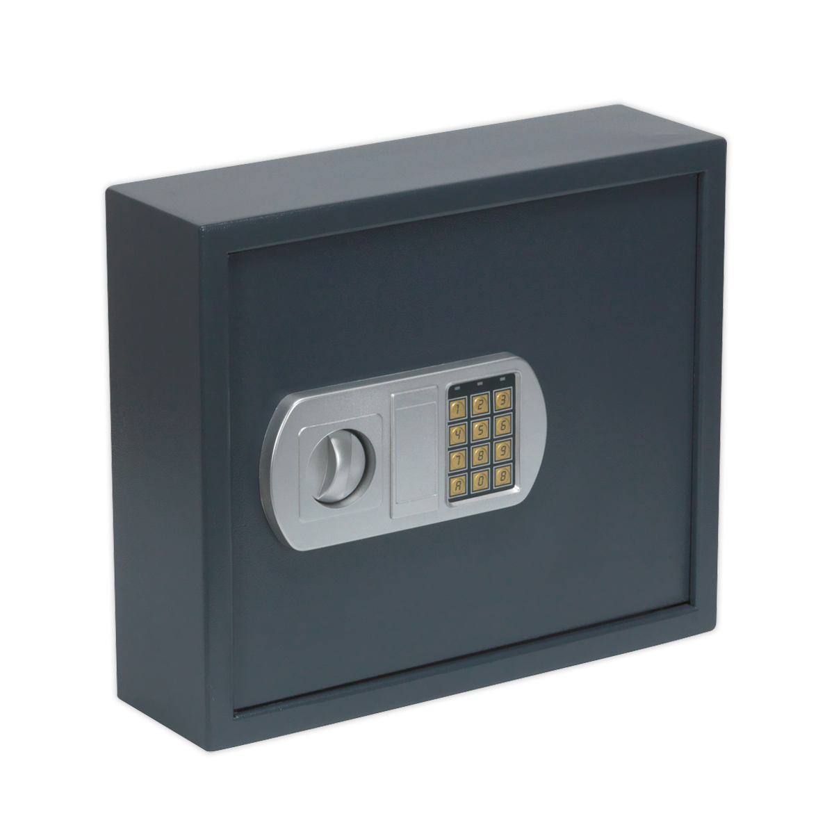 The Sealey Electronic Key Cabinet, SEKC50, with a 50 key capacity and a heavy-duty construction features an electronic keypad and a rotary handle on its front middle section.