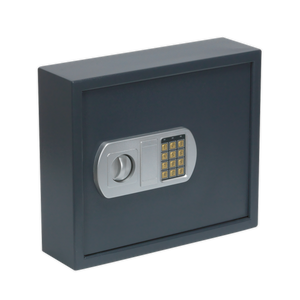 The Sealey Electronic Key Cabinet, SEKC50, with a 50 key capacity and a heavy-duty construction features an electronic keypad and a rotary handle on its front middle section.