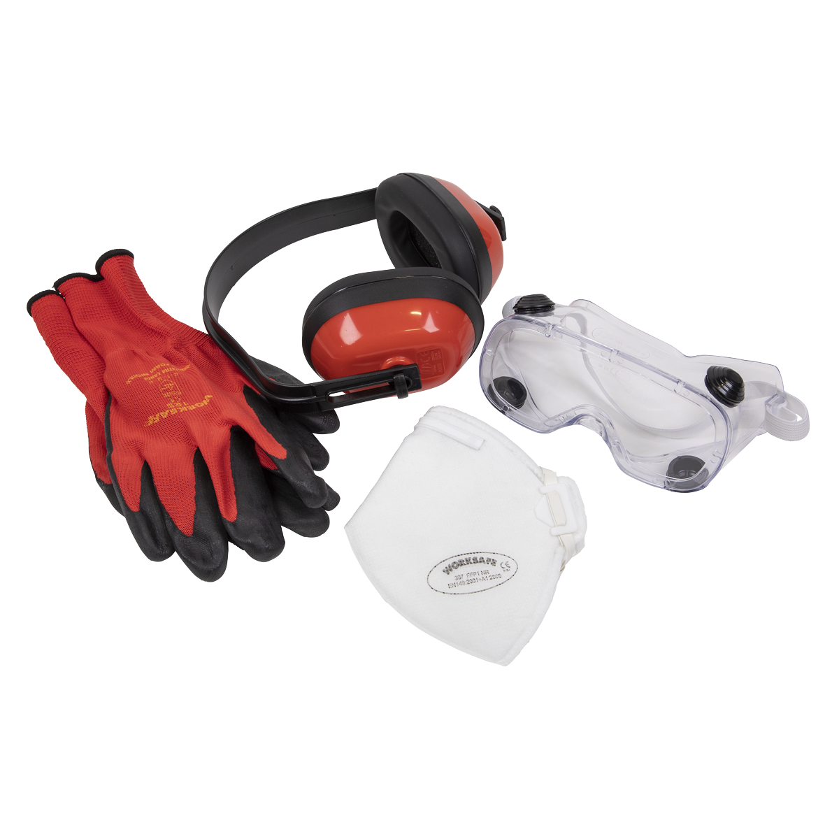 Sealey's Flexi Grip Gloves, FFP1 Mask, Goggles & Ear Defenders - SEP2 set, featuring nitrile palm gloves in red and black, earmuffs, standard goggles, and an FFP1 fold flat mask, arranged on a white background.