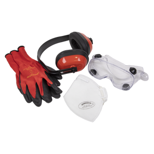 Sealey's Flexi Grip Gloves, FFP1 Mask, Goggles & Ear Defenders - SEP2 set, featuring nitrile palm gloves in red and black, earmuffs, standard goggles, and an FFP1 fold flat mask, arranged on a white background.