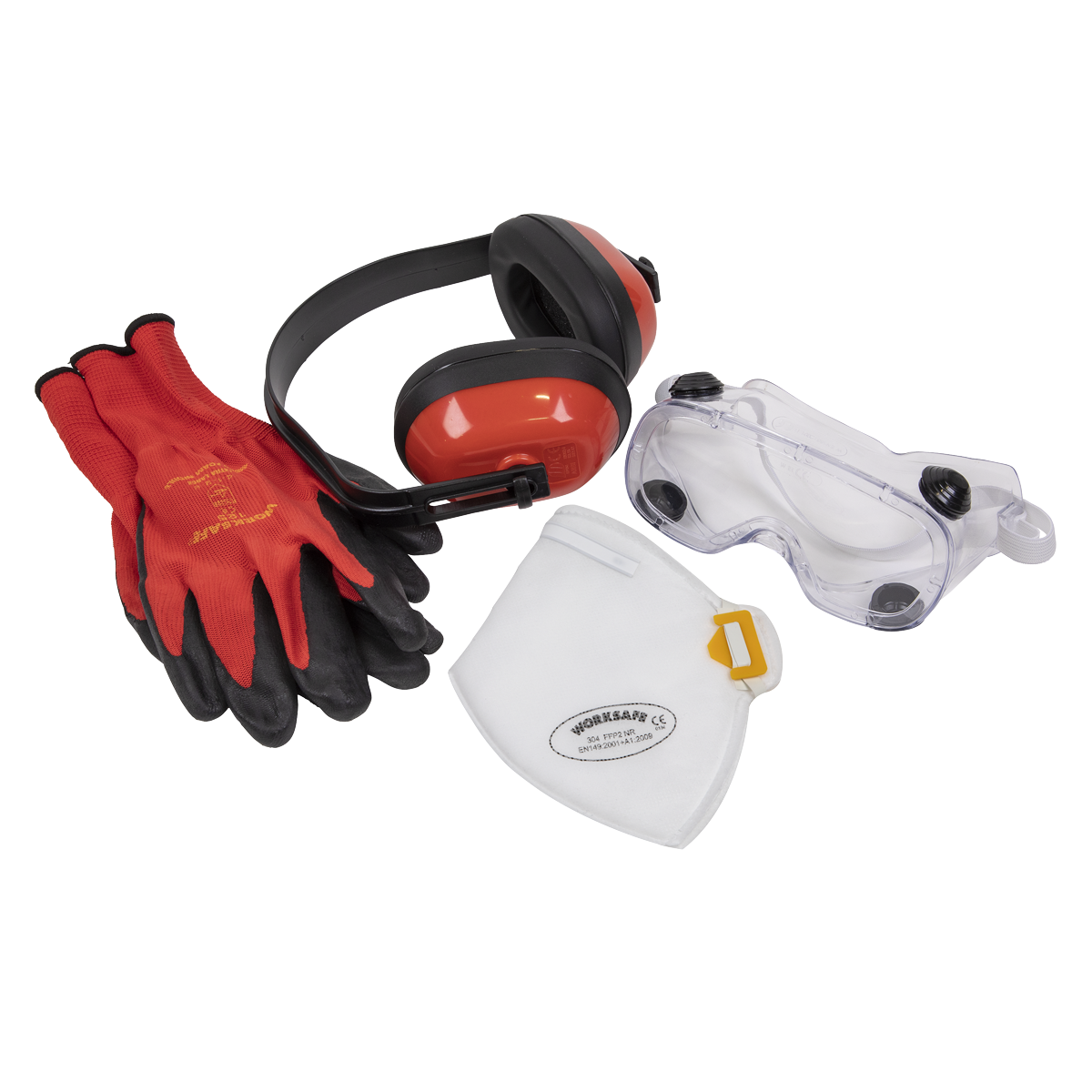 Sealey's SEP4 set of safety gear includes Flexi Grip Gloves, ear defenders, standard goggles, and a white FFP2 fold flat mask.