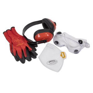 Sealey's SEP4 set of safety gear includes Flexi Grip Gloves, ear defenders, standard goggles, and a white FFP2 fold flat mask.